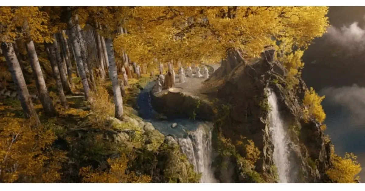 "Pierścienie władzy" - kadr z serialu, złote drzewa i elfy