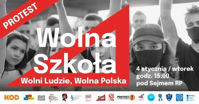 plakat protestu przedstawiający uczniów, ekierkę i datę protestu przed sejmem