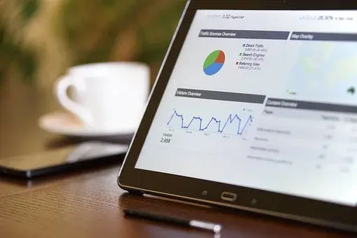 Tablet na biurko, z otwartymi wykresami, obok tabletu leży biała filiżanka i smartfon