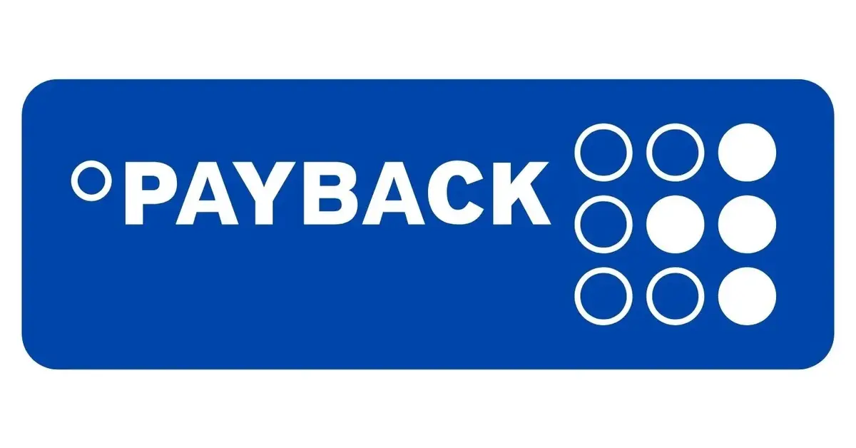 Niebieskie logo Payback z białym napisem i dziewięcioma kropkami
