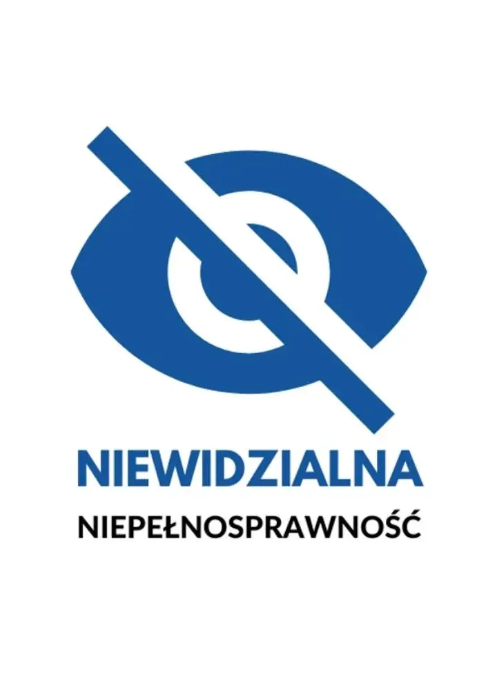 Niebieskie przekreślone oko na białym tle z napisem "Niewidzialna Niepełnosprawność"