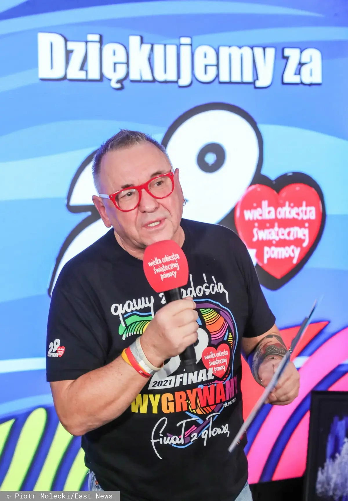 Jerzy Owsiak podczas wstępnego podsumowania 29. finału WOŚP