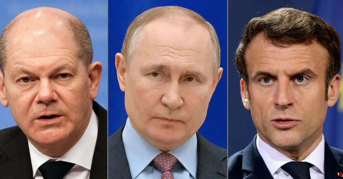 Olaf Scholz, Władimir Putin, Emmanuel Macron