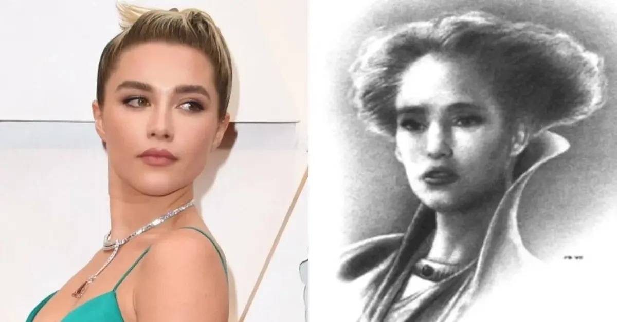 Kolaż: Florence Pugh w zielonej sukience i portret księżniczki Irulany z książki Franka Herberta