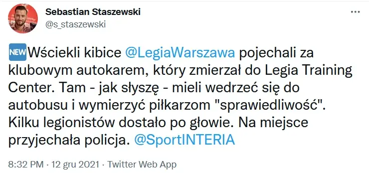 Zrzut ekranu z Twittera Sebastiana Staszewskiego.