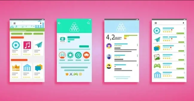 Cztery ekrany smartfona znajdujące się na różowym tle