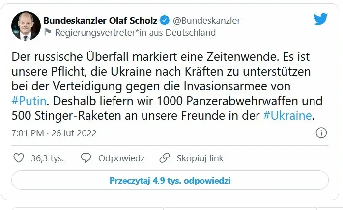 Zrzut ekranu z Twittera Olafa Scholza.