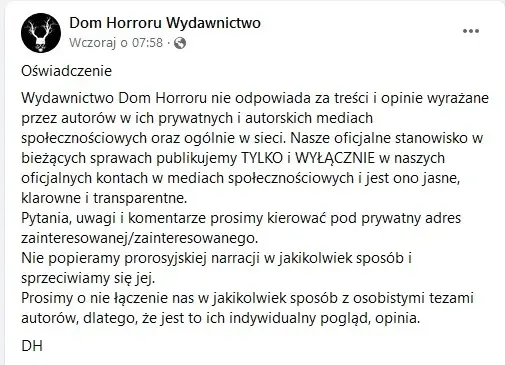 Zrzut ekranu z fb Wydawnictwa Dom Horroru