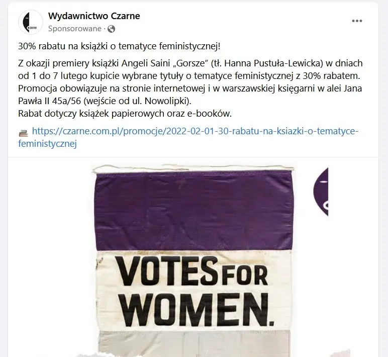 Zrzut ekranu z Facebooka Wydawnictwa Czarnego