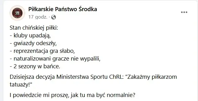 Zrzut ekranu ze strony na Facebooku "Piłkarskie Państwo Środka"