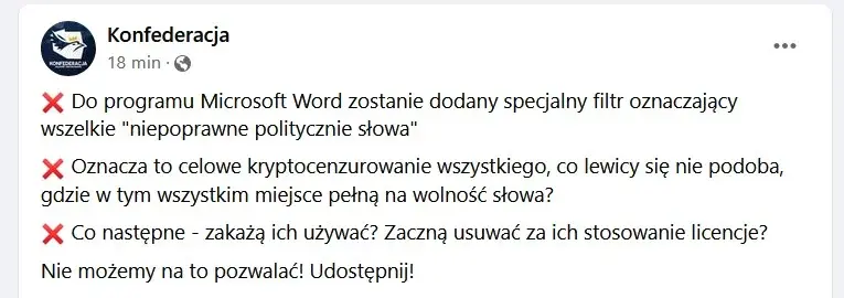 Zrzut ekranu z oficjalnego profilu Konfederacji na Facebooku.