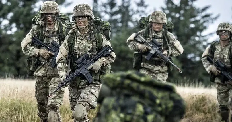 duńscy żołnierze w pełnym ekwipunku bojowym na łące w lesie