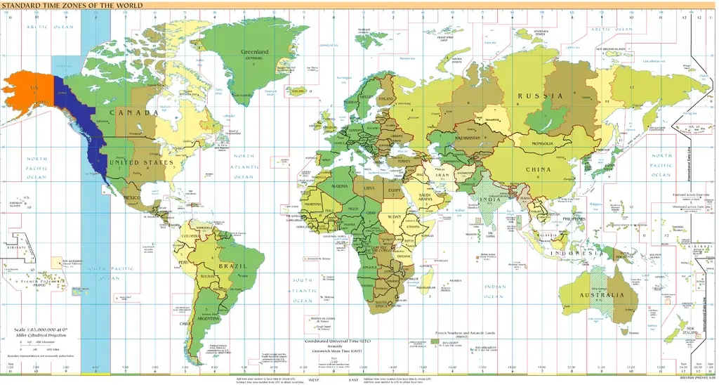 mapa świata z zaznaczonymi strefami czasowymi