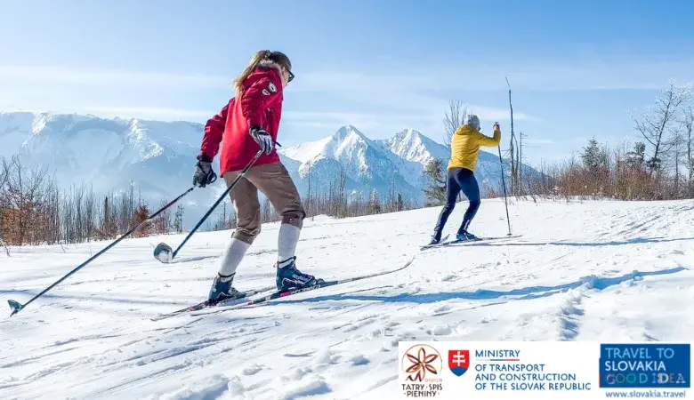 Dwoje narciarzy biegowych w kolorowych ubraniach w trakcie trasy narciarskiej w słowackich Pieninach