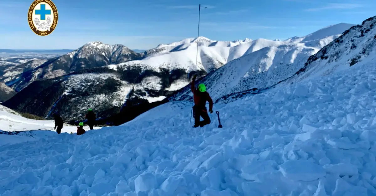 ratownik z tyczką i łopatą przeszukuje miejsce zejścia lawiny w górach w tle inni ratownicy