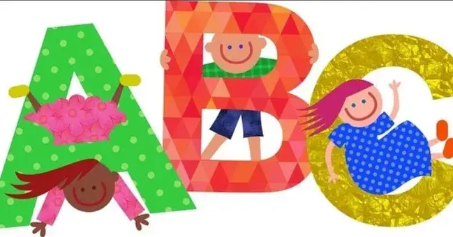 Litery A, B, C, przy których stoją dzieci - obrazek w formie grafiki.