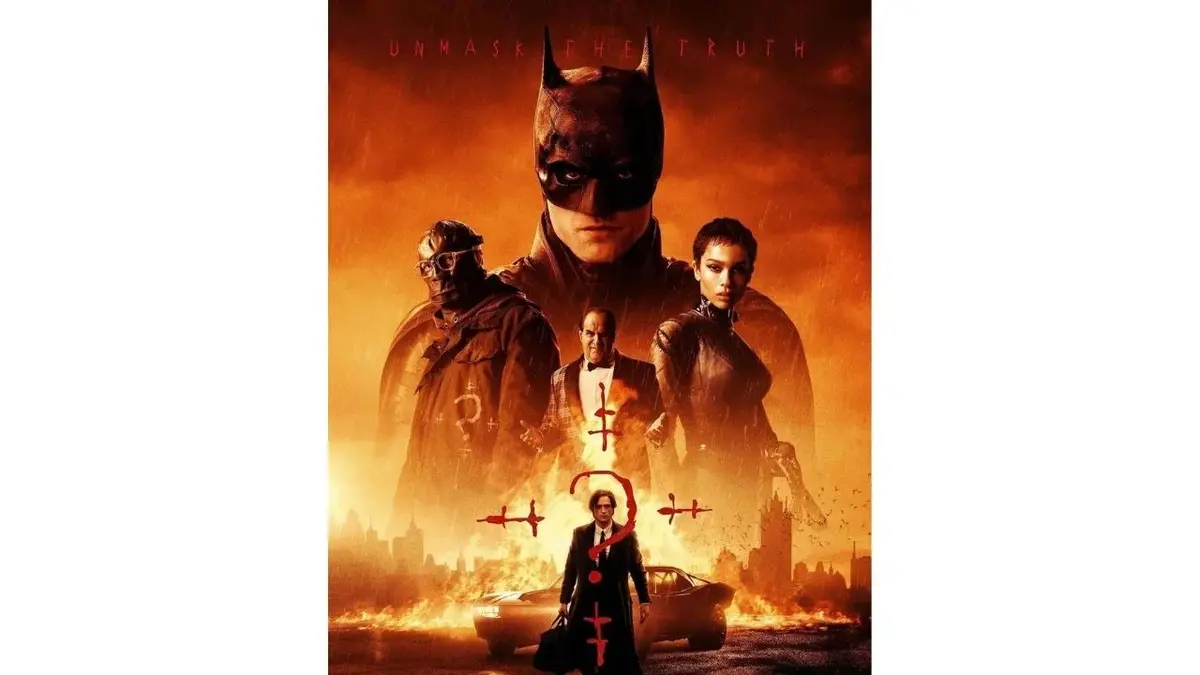 Plakat do "The Batman" - czarne postaci Batmana, Catwoman, Riddlera, Pingwina na pomarańczowym tle