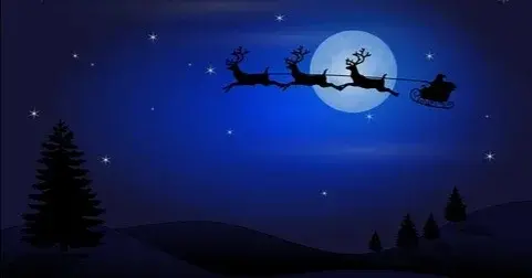 Sanie z Mikołajem oraz trzy renifery na tle księżyca i rozgwieżdżonego nieba