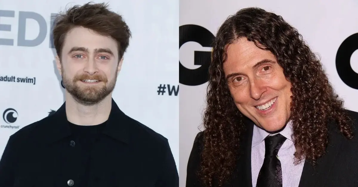 Daniel Radcliff w czarnej kurtce i "Weird Al" Yankovic w garniturze