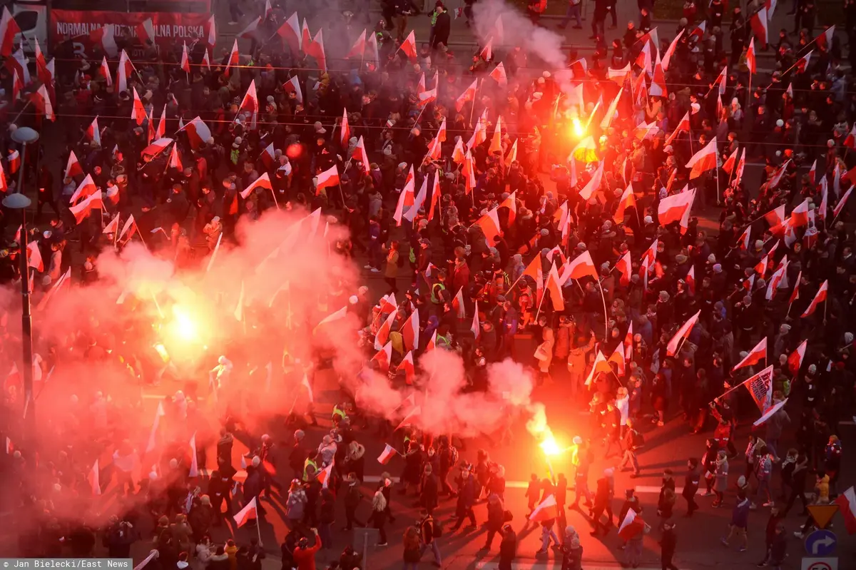 Tłum ludzi z pochodniami i biało-czerwonymi flagami Polski w 101 rocznicę odzyskania niepodległości. 