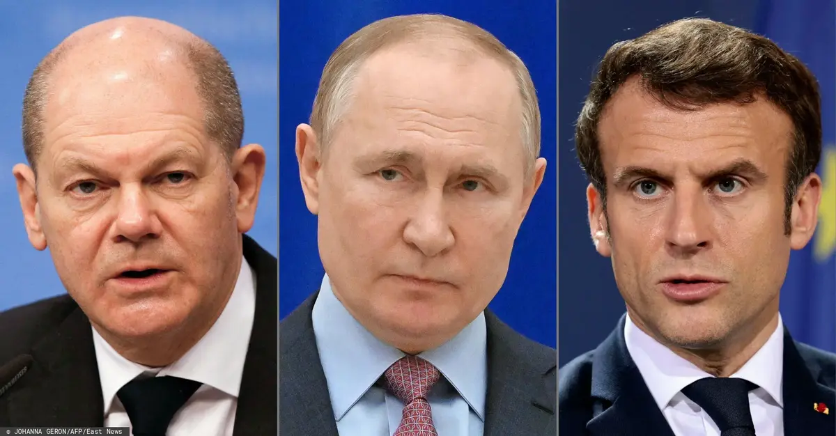 Olaf Scholz, Władimir Putin, Emmanuel Macron