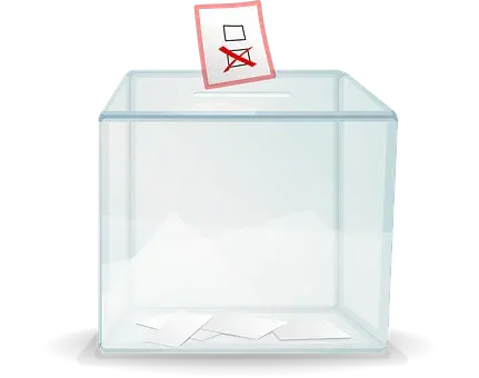 Urna wyborcza na białym tle z kartą do głosowania - grafika