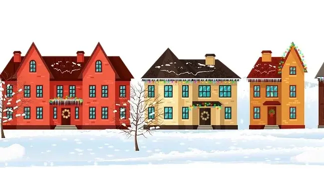 Grafika przedstawiająca kilka domów w śniegu