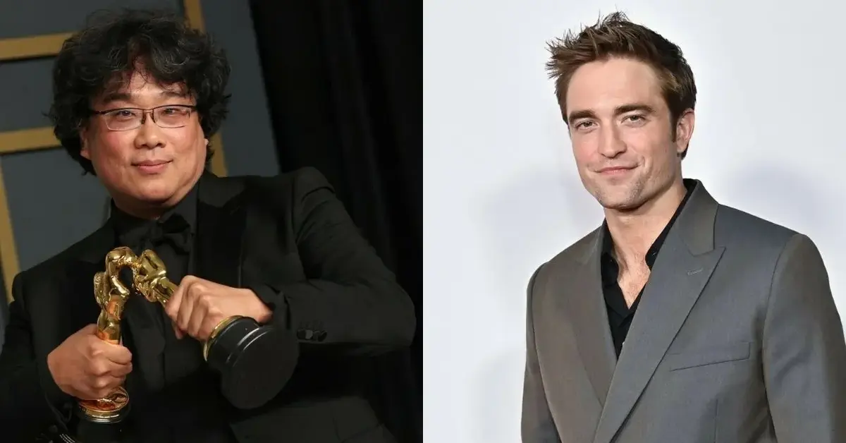 Kolaż: z Bong Joon Ho z czarnym garniturze z dwoma Oscarami w ręku i Robert Pattinson w szarej marynarce