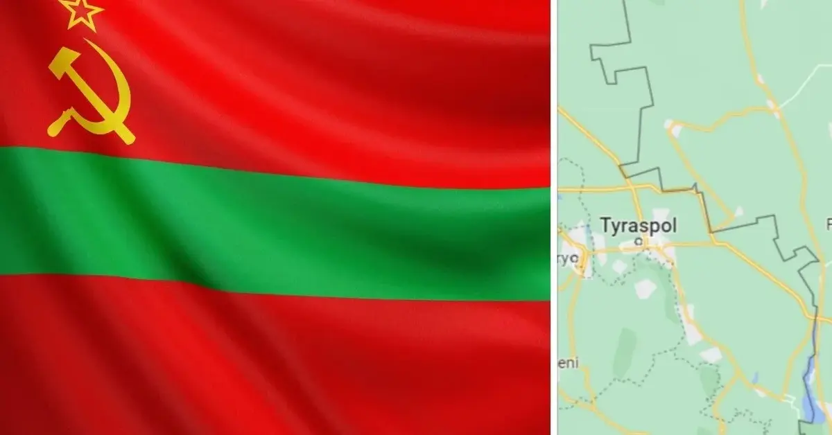 Flaga Naddniestrza z sierpem i młotem oraz mapa z zaznaczonym Tyraspolem
