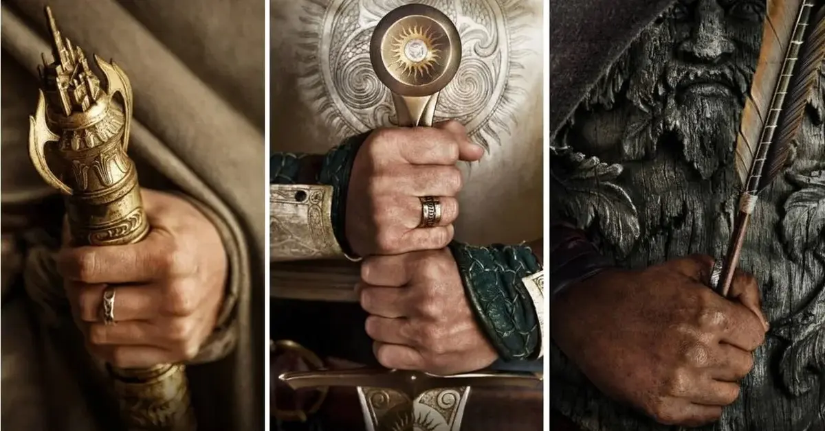 Kolaż postaci: dłonie trzymające złoty artefakt, miecz, strzałę