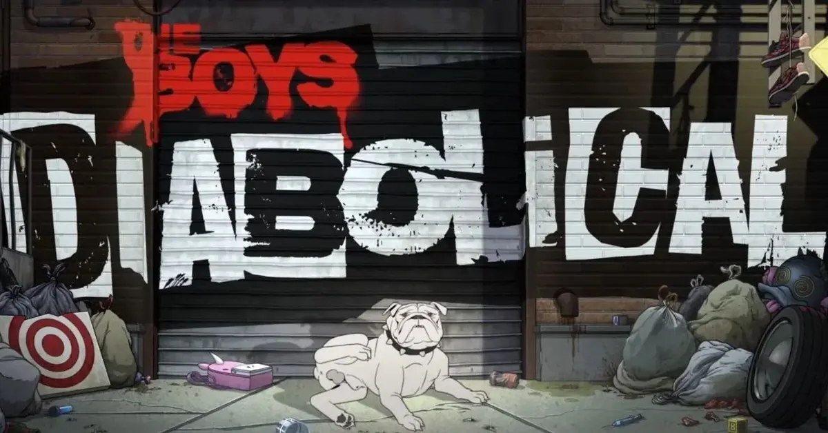 Plansza z czerwono-białym napisem graffiti The Boys: Diabolical i siedzącym pod nim białym buldogiem