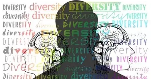 Grafika przedstawiająca postać człowieka, dwa mózgi oraz napisy „diversity"
