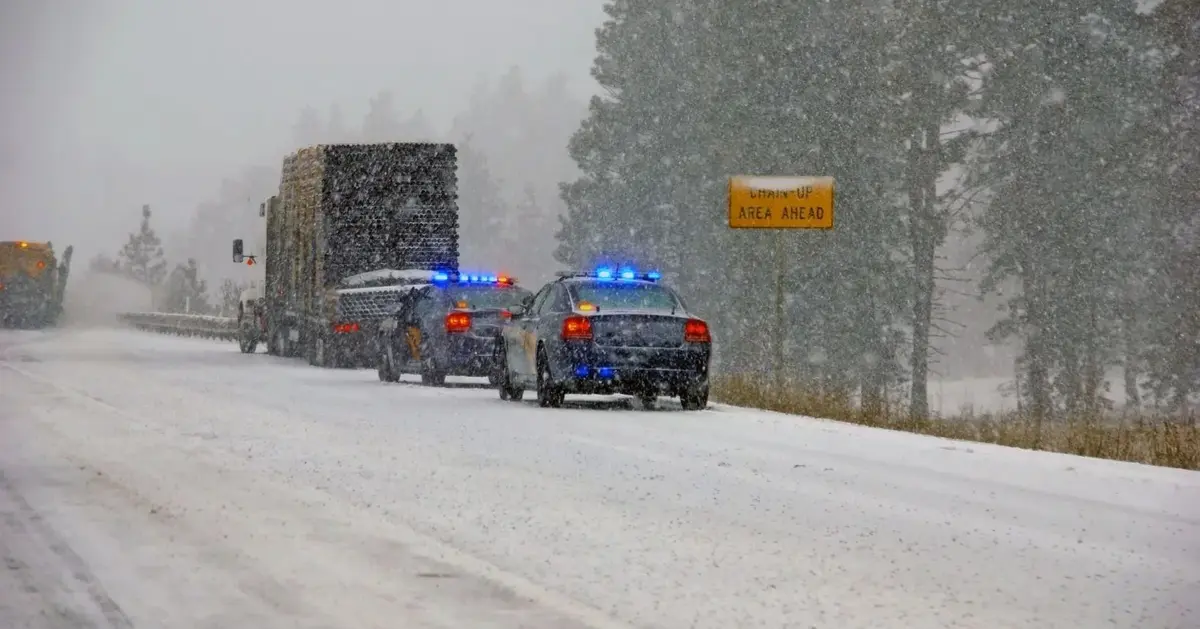 radiowozy policji stojące na zaśnieżonej ulicy