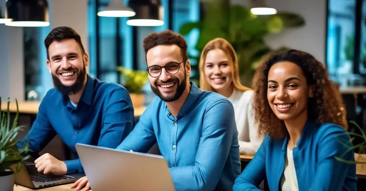 Grupa radosnych pracowników wspólnie pracująca nad projektowaniem stron internetowych