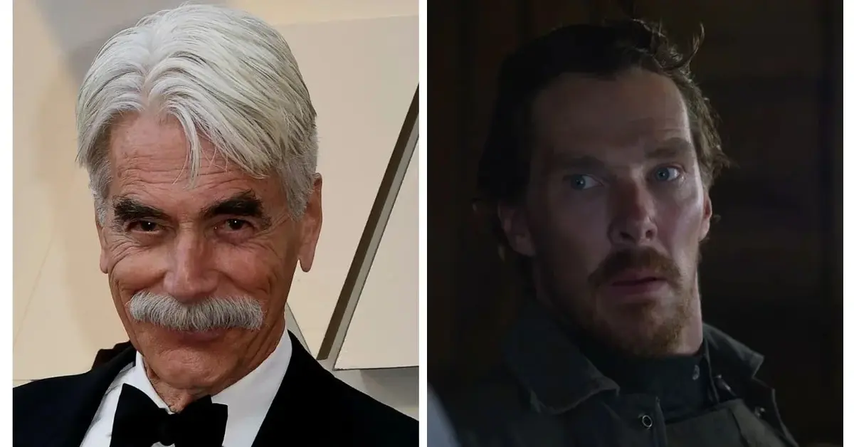 Kolaż: Sam Elliott w garniturze i Benedict Cumberbatch w filmie "Psie pazury"