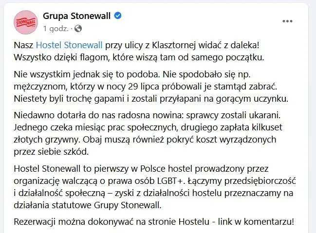 Zrzut ekranu z Facebooka Grupy Stonewall.
