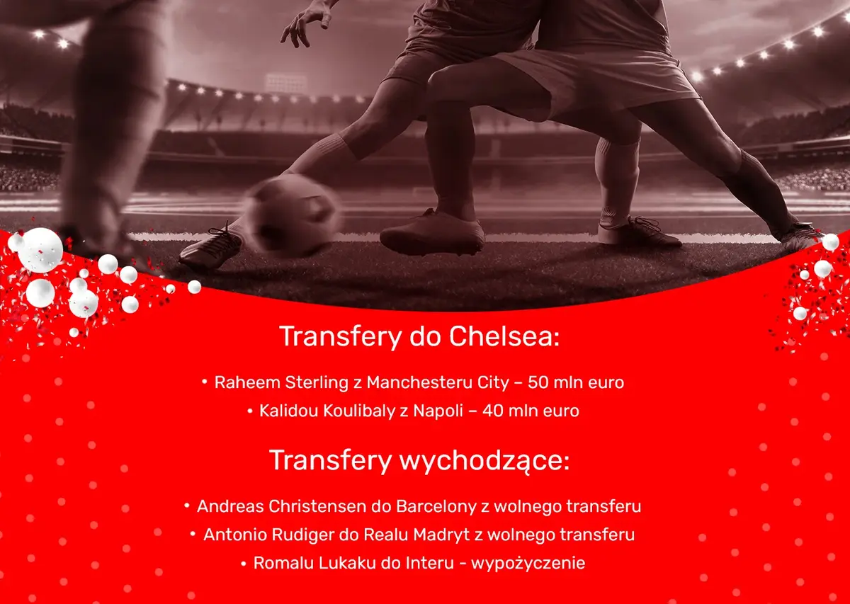 Grafika czarno-czerwona z informacją Transfery do Chelsea