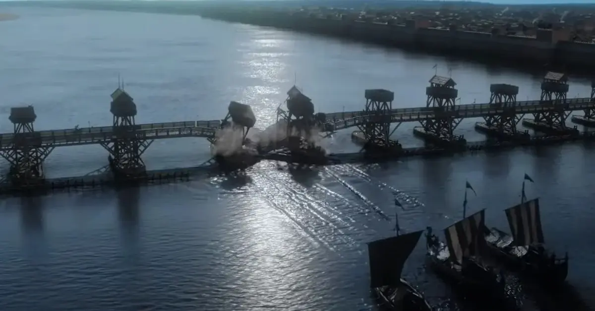 Trzy statki Wikingów atakują i burzą drewniany London Bridge