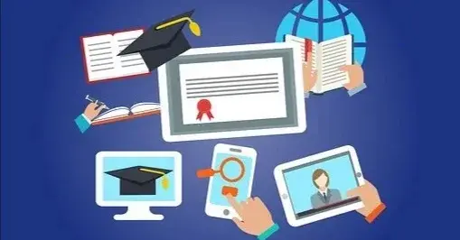 Grafika przedstawiająca tablet, komputer, iPad i globus z książką