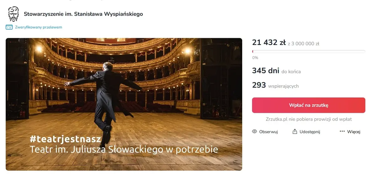 Zrzut ekranu ze zbiórki na Teatr Słowackiego.