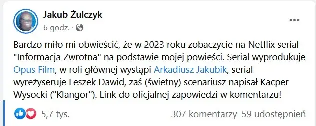 Zrzut ekranu z Facebooka Żulczyka