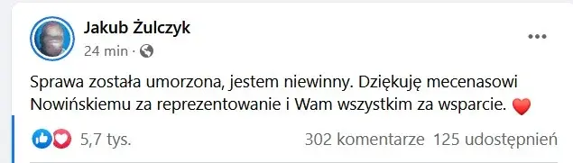 zrzut ekranu z Facebooka Jakuba Żulczyka